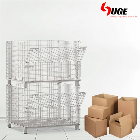 European Wire Mesh Container Stacking Lockable Wire Basket Metal Storage Cage for Warehouse